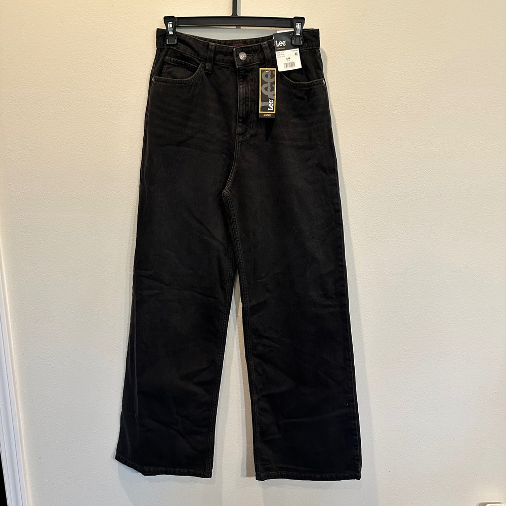 Lee Heritage High Rise Wide‎ Leg Jeans Ink Flood Black Denim 6M 112374364 NWT